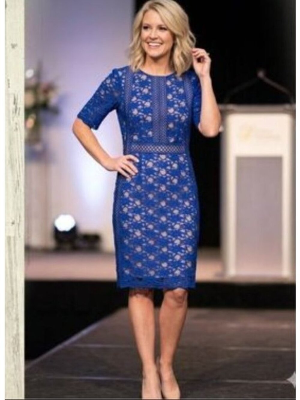 Antonio Melani Blue Lace Sheath Dress Nude Lining Scalloped Size 14 Wedding - Picture 8 of 9